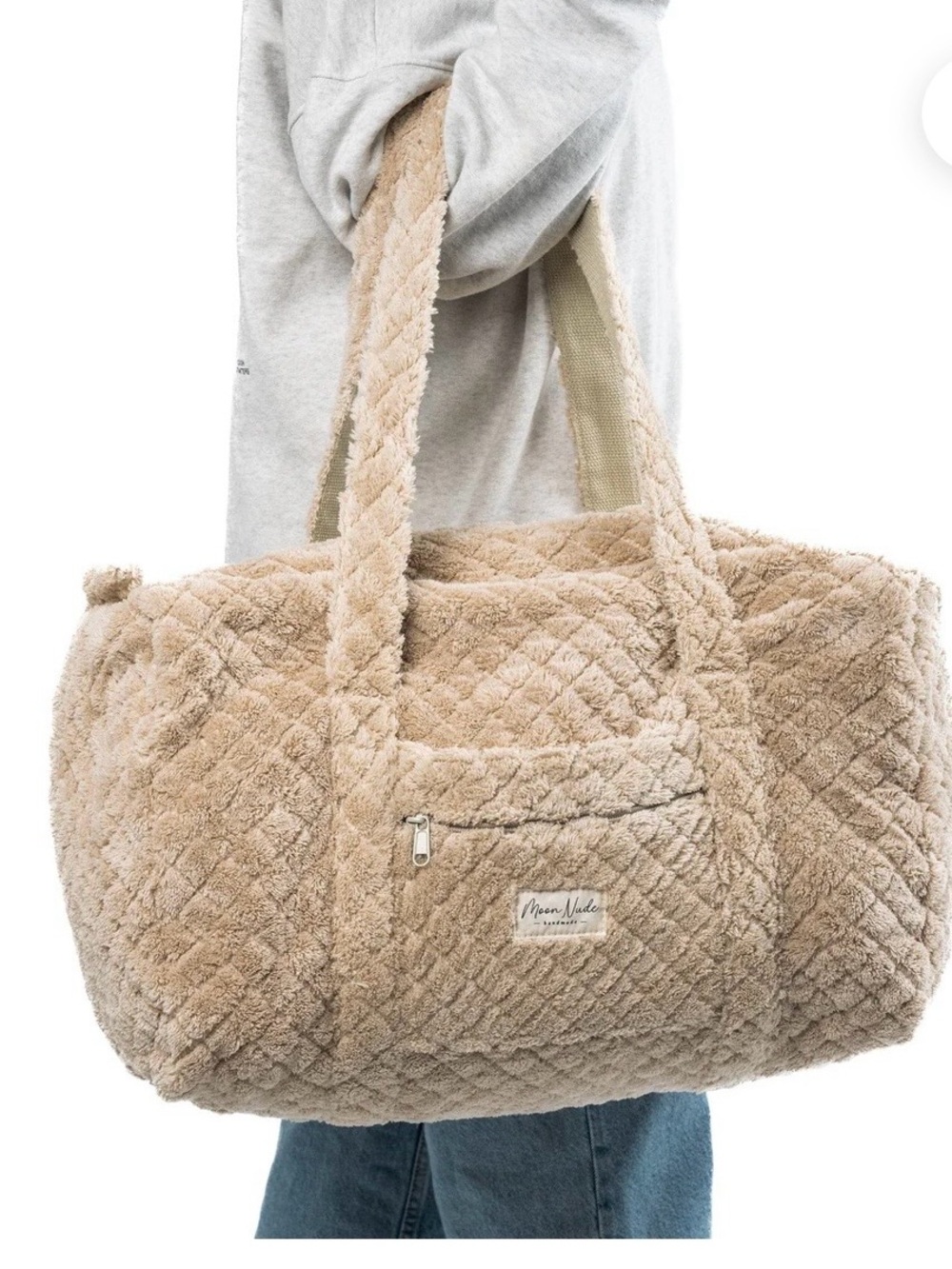 Large Teddy Duffle Quilted Plush Tote w/Teddy Bear Lining Beige by MoonNude